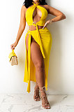 Yellow Bandage Hang Buckle Halter Neck Long Dress YBS86712-3