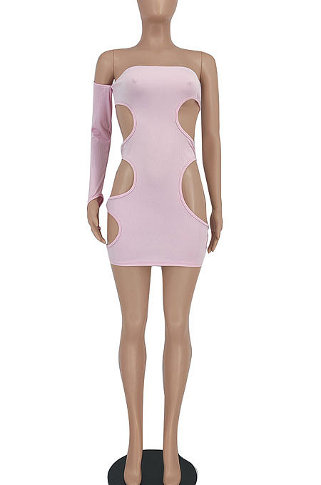 Pink Pure Color Pit Bar Sexy Hollow Out Single Sleeve Mini Dress YBS86711-1