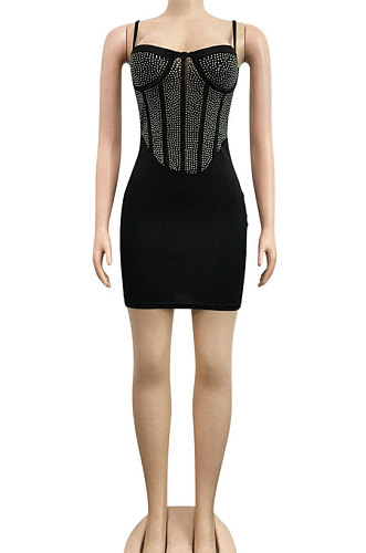 Black Sexy Condole Belt Chest Wrap Net Yarn Hot Drilling Pure Color Mini Dress XZ5132-2