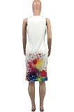 White Lips Splask-Ink Print Loose Casual Sleeveless Shorts Sets KY3082-1