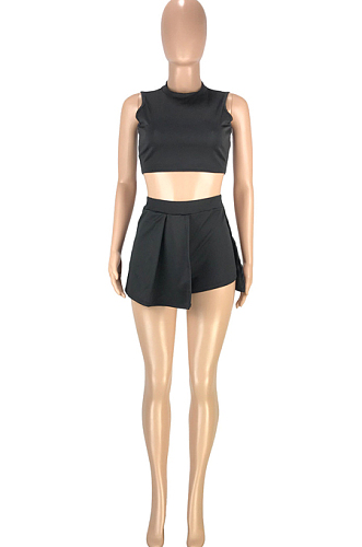 Black Casual Dew Waist Round Neck Vest Shorts Two Piece SM9188-3