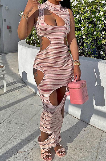Pink Sexy Sleeveless Hollow Out Stripe Printing Midi Dress YBS86709-1