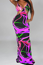 Purple Sexy Tie Dye Print Sling Verst Long Dress OEP6296-3