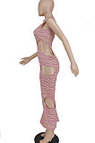 Pink Sexy Sleeveless Hollow Out Stripe Printing Midi Dress YBS86709-1