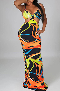 Yellow Sexy Tie Dye Print Sling Verst Long Dress OEP6296-1