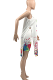 White Lips Splask-Ink Print Loose Casual Sleeveless Shorts Sets KY3082-1