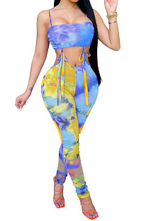 Blue Fashion Sleeveless Sexy Condole Belt Chest Wrap Bandage Long Pants Bodycon Jumpsuits XZ5179-2