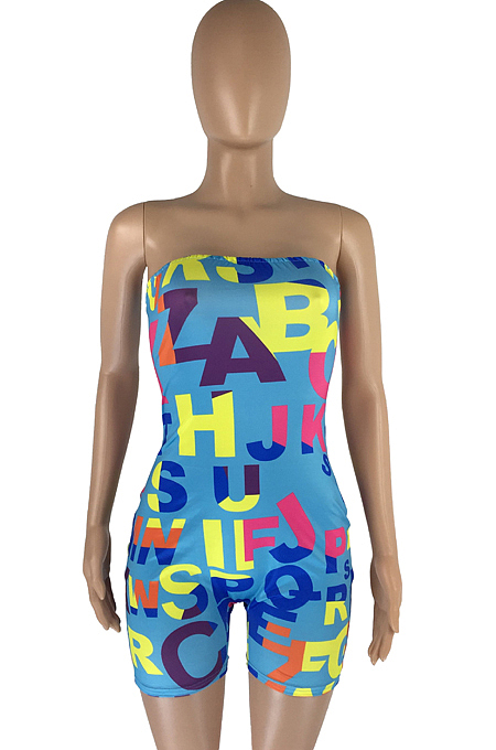 Light Blue Fshion Sexy Letter Print Elastic Tube Jumpsuits LMM8258-5