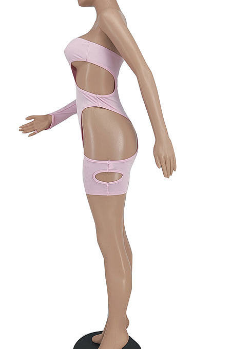 Pink Pure Color Pit Bar Sexy Hollow Out Single Sleeve Mini Dress YBS86711-1