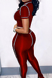 Red Streets Line Round Neck Short Sleeve Open Fork Pant Two Piece MLL161-2