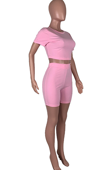 Pink Casual Short Sleeve Shorts Sports Two Piece MMS8041-1