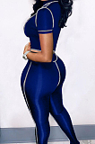 Blue Streets Line Round Neck Short Sleeve Open Fork Pant Two Piece MLL161-3
