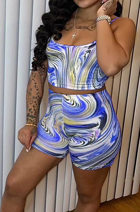 Blue Fashion Sexy Print Sling Vest Shorts Two Piece SM9189-2
