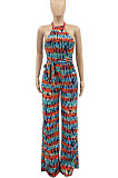 Light Green Women Printing Off Shoulder Girdle Wide Leg Jumpsuits AD0603-1