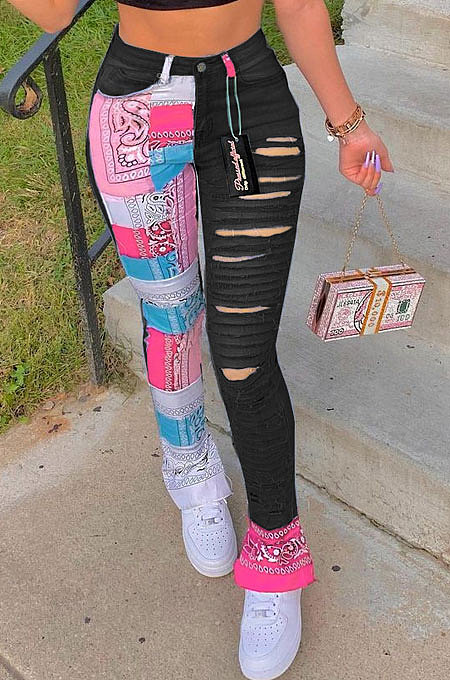Casual Women Print Spliced Hollow Out Mid Waist Pants LSZ9050