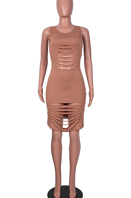 Brown Sexy Sleeveless Hollow Out Mini Dress MA6717-3