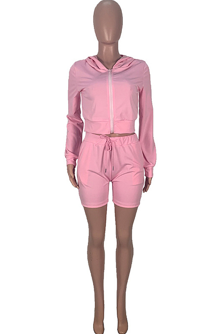 Pink Hooded Zipper Long Sleeve Shorts Sports Sets MMS8042-1