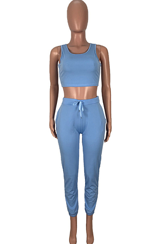 Sky Blue Casual Vest Top Long Pant Sports Sets MMS8043
