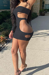 Black Pure Color Pit Bar Sexy Hollow Out Single Sleeve Mini Dress YBS86711-2