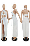 White Bandage Hang Buckle Halter Neck Long Dress YBS86712-1