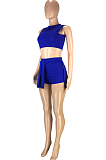 Royal Blue Casual Dew Waist Round Neck Vest Shorts Two Piece SM9188-1
