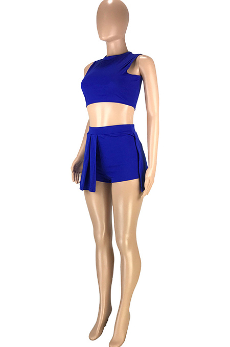 Royal Blue Casual Dew Waist Round Neck Vest Shorts Two Piece SM9188-1