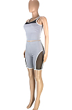 Gray Fashion Casual Net Yarn Splied Brace Perspective Vest Shorts Two Piece SM9190-1