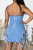 Ligth Blue Tassel Fashion Sling Package Buttocks Slim Fitting Dress JLX3003