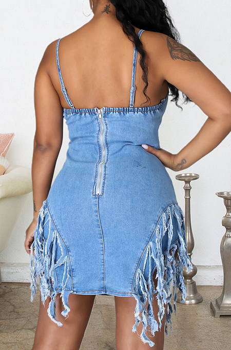 Ligth Blue Tassel Fashion Sling Package Buttocks Slim Fitting Dress JLX3003