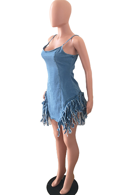 Ligth Blue Tassel Fashion Sling Package Buttocks Slim Fitting Dress JLX3003