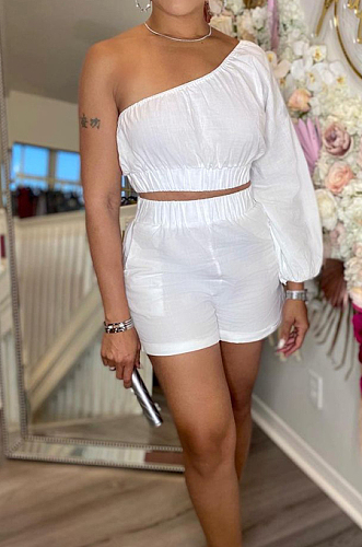 White Casual Sexy Pure Color Pocket Loose The Side Long Sleeve Shorts Sets SM9191-1