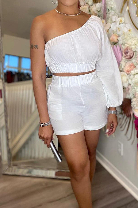 White Casual Sexy Pure Color Pocket Loose The Side Long Sleeve Shorts Sets SM9191-1