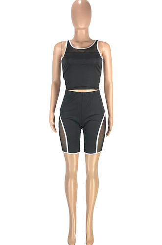 Black Fashion Casual Net Yarn Splied Brace Perspective Vest Shorts Two Piece SM9190-3