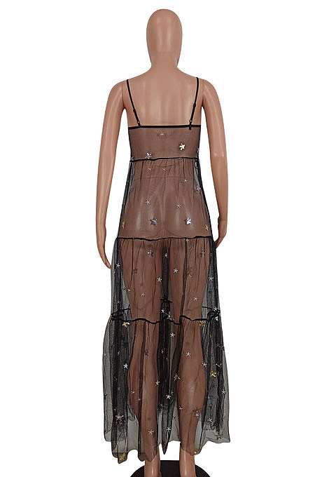 Condole Belt Sequins Net Yarn Simple Giant Swing Long Dress ED8503