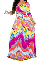 Colorful Euramerican Fashion Print V Neck Simple Giant Swing Long Dress X9316-3