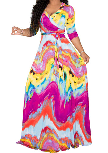 Colorful Euramerican Fashion Print V Neck Simple Giant Swing Long Dress X9316-3