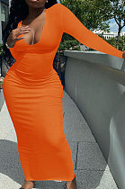 Orange Women Deep V Neck Tight Sexy Long Sleeve Long Dress Q910-5