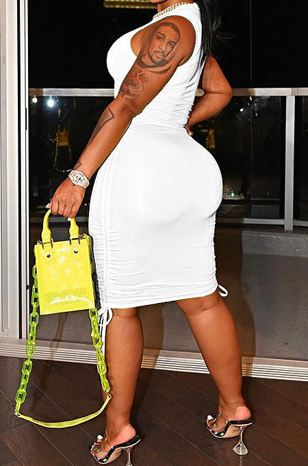 White Women Solid Color Ruffle Drawsting Sleeveless Bodycon Casual Mini Dress MLM9072-2