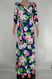 Navy Blue Euramerican Fashion Print V Neck Simple Giant Swing Long Dress X9316-1