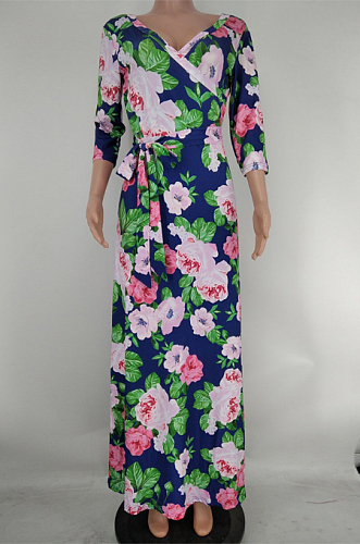 Navy Blue Euramerican Fashion Print V Neck Simple Giant Swing Long Dress X9316-1