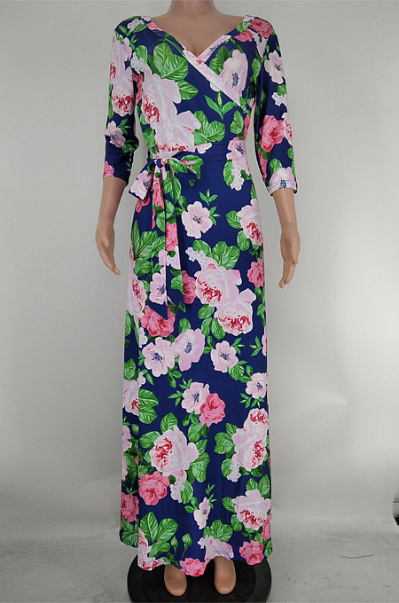 Navy Blue Euramerican Fashion Print V Neck Simple Giant Swing Long Dress X9316-1