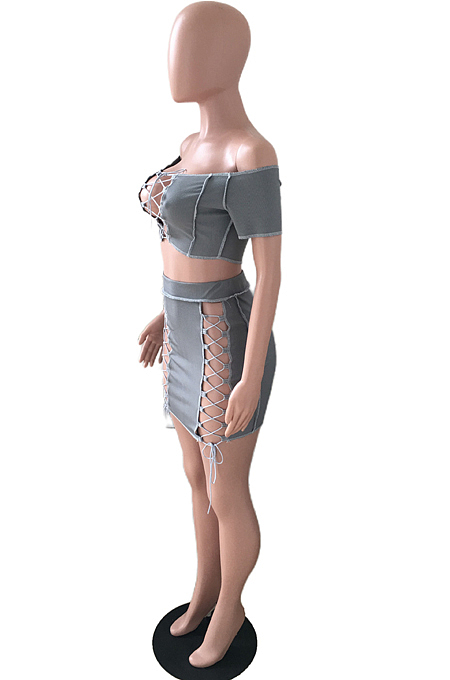 Grey Euramerican Pure Color Irregularity Drawsting Two Piece JLX5802-1