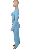 Sky Blue Women Sexy V Neck Long Sleeve Short Top Skirts Sets Q911-1