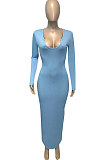 Sky Blue Women Deep V Neck Tight Sexy Long Sleeve Long Dress Q910-1
