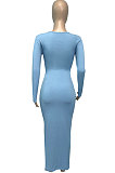 Sky Blue Women Deep V Neck Tight Sexy Long Sleeve Long Dress Q910-1