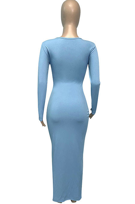 Sky Blue Women Deep V Neck Tight Sexy Long Sleeve Long Dress Q910-1