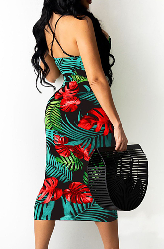Red Green Print Casaul High Waist Bind Sexy Sling Dress TRS1162-1