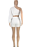 White Casual Sexy Pure Color Pocket Loose The Side Long Sleeve Shorts Sets SM9191-1