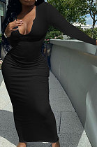 Black Women Deep V Neck Tight Sexy Long Sleeve Long Dress Q910-8