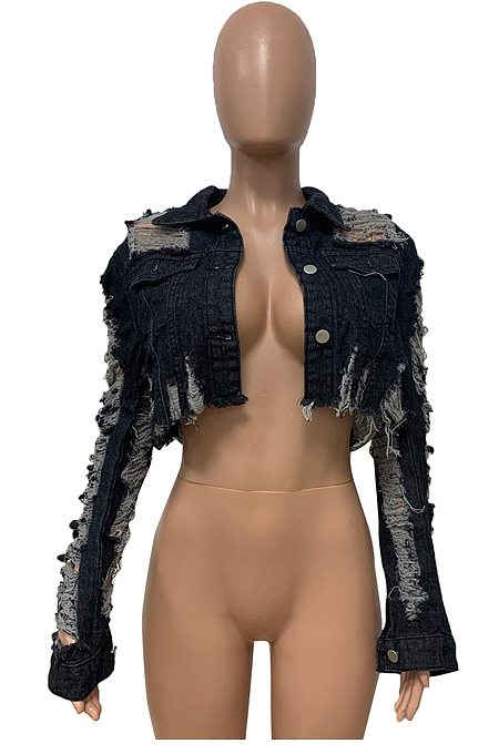 Black Casual Cut Mini Jeans Short Coat LD9001-1